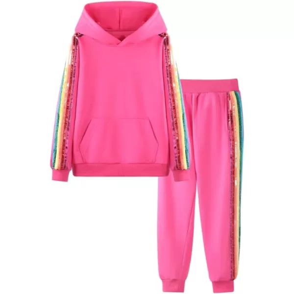 WELAKEN Girls 2 Piece Outfit Rainbow Sequin Striped Sweatshirt ampamp Sweatpants Clothing SetHot Pink