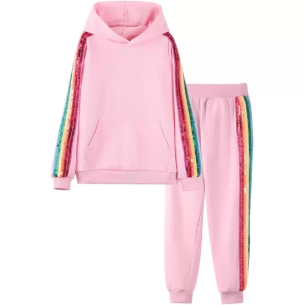 WELAKEN Girls 2 Piece Outfit Rainbow Sequin Striped Sweatshirt ampamp Sweatpants Clothing SetPink