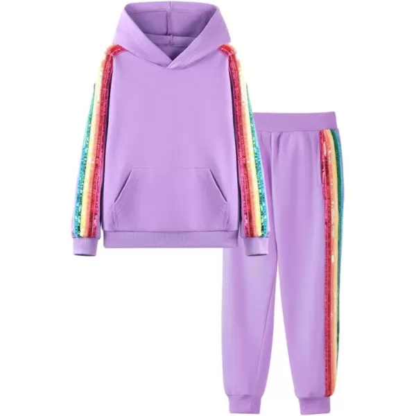 WELAKEN Girls 2 Piece Outfit Rainbow Sequin Striped Sweatshirt ampamp Sweatpants Clothing SetPurple