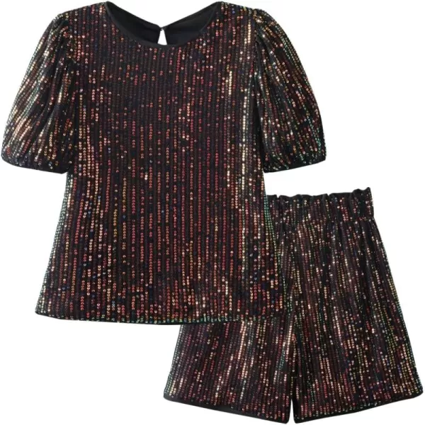 WELAKEN Girls 2 Piece Sequin Summer Outfits Kid Toddler Puff Sleeves Top and Shorts Set with PocketsBlack