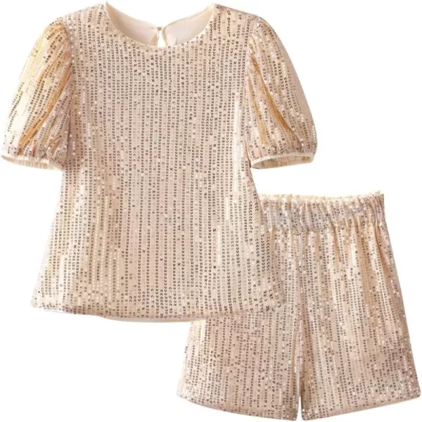 WELAKEN Girls 2 Piece Sequin Summer Outfits Kid Toddler Puff Sleeves Top and Shorts Set with PocketsGold