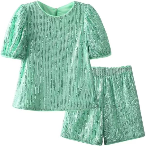 WELAKEN Girls 2 Piece Sequin Summer Outfits Kid Toddler Puff Sleeves Top and Shorts Set with PocketsGreen
