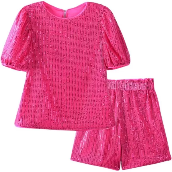 WELAKEN Girls 2 Piece Sequin Summer Outfits Kid Toddler Puff Sleeves Top and Shorts Set with PocketsHot Pink