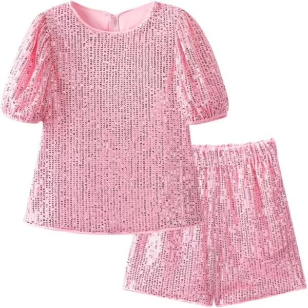 WELAKEN Girls 2 Piece Sequin Summer Outfits Kid Toddler Puff Sleeves Top and Shorts Set with PocketsPink