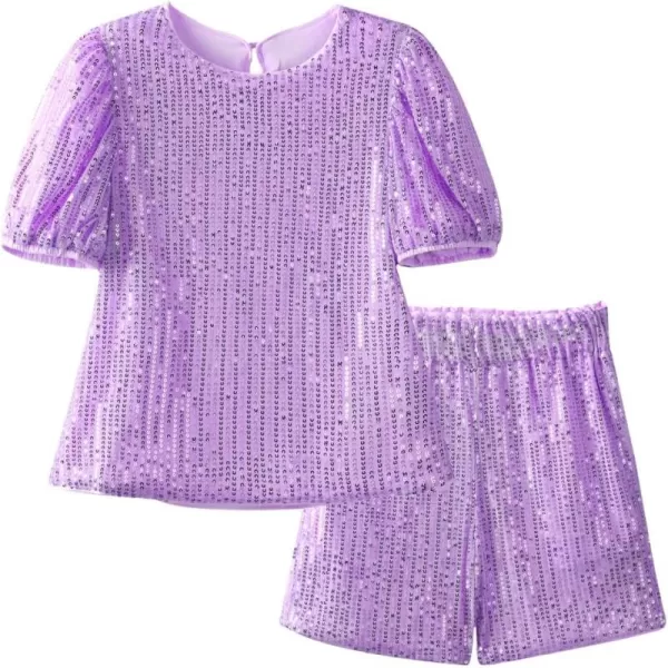 WELAKEN Girls 2 Piece Sequin Summer Outfits Kid Toddler Puff Sleeves Top and Shorts Set with PocketsPurple