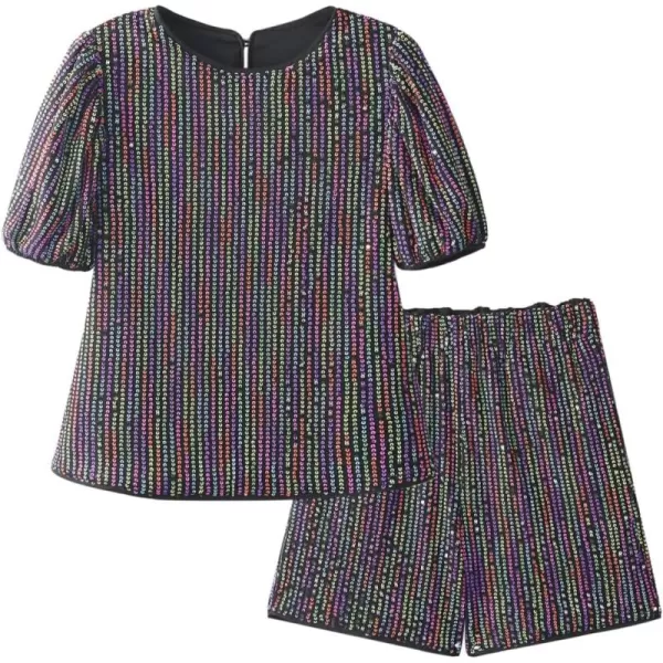 WELAKEN Girls 2 Piece Sequin Summer Outfits Kid Toddler Puff Sleeves Top and Shorts Set with PocketsRainbow