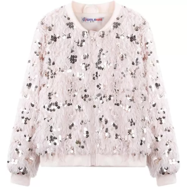 WELAKEN Girls Faux Feather Sequin Jacket Shiny Long Sleeve Zip Up Coat with Pockets 512YBeige