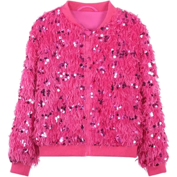 WELAKEN Girls Faux Feather Sequin Jacket Shiny Long Sleeve Zip Up Coat with Pockets 512YHot Pink