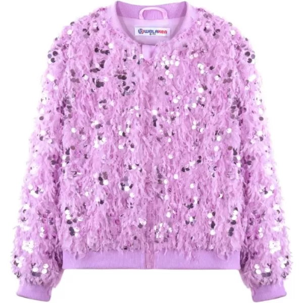 WELAKEN Girls Faux Feather Sequin Jacket Shiny Long Sleeve Zip Up Coat with Pockets 512YPurple