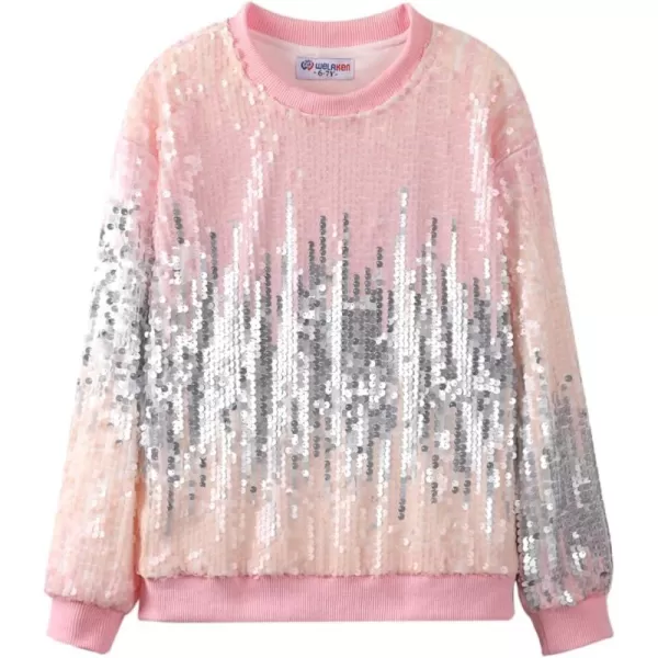 WELAKEN Girls Sequin Sweatshirt Kids Sparkle Crewneck Long Sleeve Casual Pullover TopsCute Rosy Shades