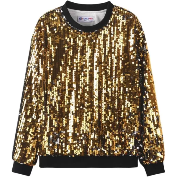 WELAKEN Girls Sequin Sweatshirt Kids Sparkle Crewneck Long Sleeve Casual Pullover TopsGlimmering Gold  Silver