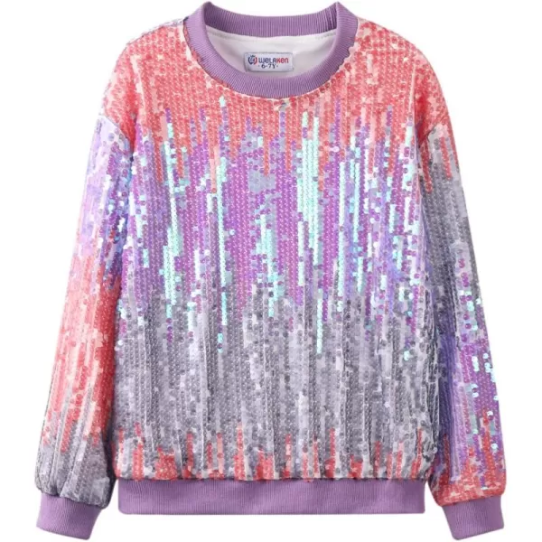 WELAKEN Girls Sequin Sweatshirt Kids Sparkle Crewneck Long Sleeve Casual Pullover TopsSoft Berry Purple