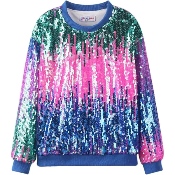 WELAKEN Girls Sequin Sweatshirt Kids Sparkle Crewneck Long Sleeve Casual Pullover TopsTss Radiant Blue