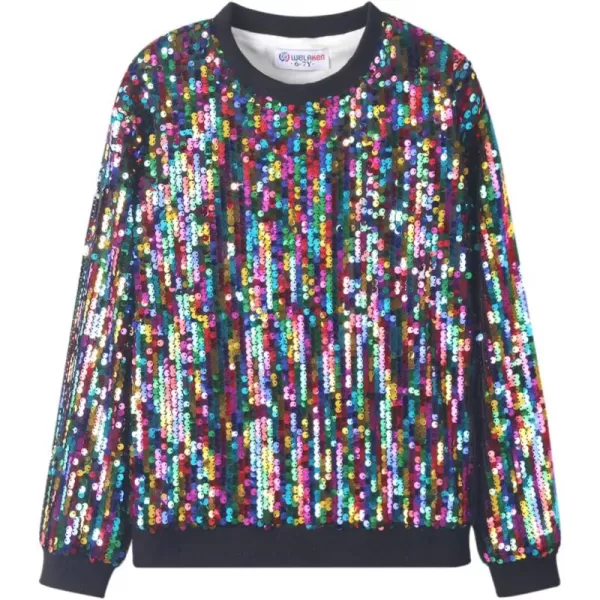 WELAKEN Girls Sequin Sweatshirt Kids Sparkle Crewneck Long Sleeve Casual Pullover TopsVivid Rainbow Haze