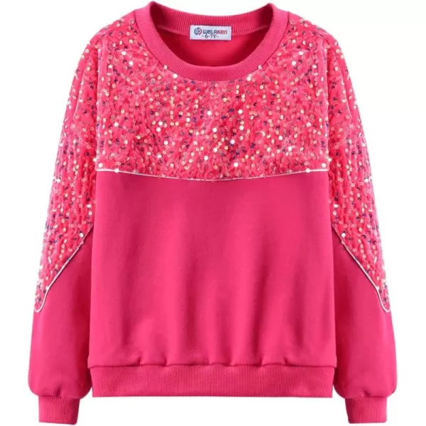 WELAKEN Girls Sequin Sweatshirt Sparkling Long Sleeve Crewneck Pullover TopsHot Pink sequins