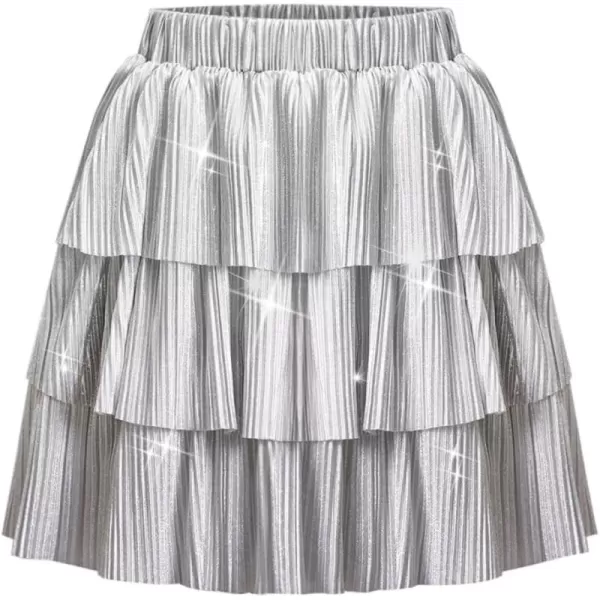 WELAKEN Girls Sparkle Ruffle Skirts for Kids ampamp Tween GirlsSilver sparkle