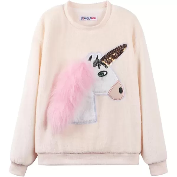 WELAKEN Girls Unicorn Fleece Sweatshirt Warm Long Sleeve Sherpa Crewneck Pullover SweatshirtsBeige