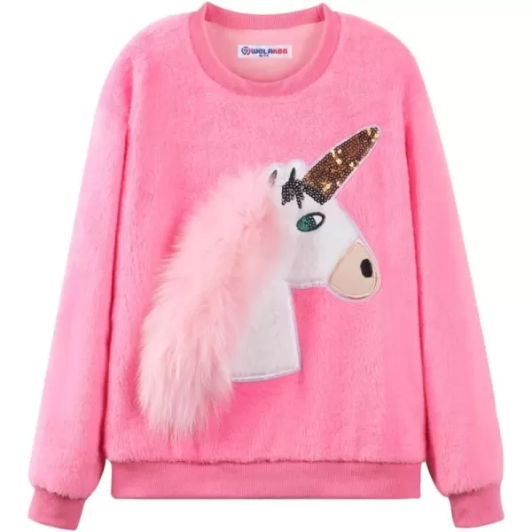 WELAKEN Girls Unicorn Fleece Sweatshirt Warm Long Sleeve Sherpa Crewneck Pullover SweatshirtsPeach Pink