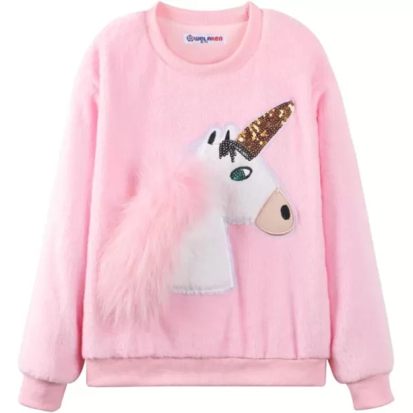 WELAKEN Girls Unicorn Fleece Sweatshirt Warm Long Sleeve Sherpa Crewneck Pullover SweatshirtsPink