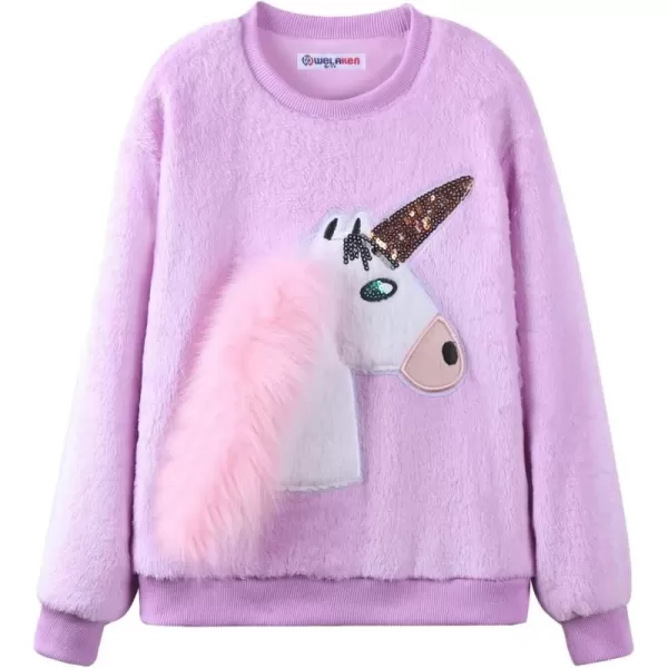 WELAKEN Girls Unicorn Fleece Sweatshirt Warm Long Sleeve Sherpa Crewneck Pullover SweatshirtsPurple