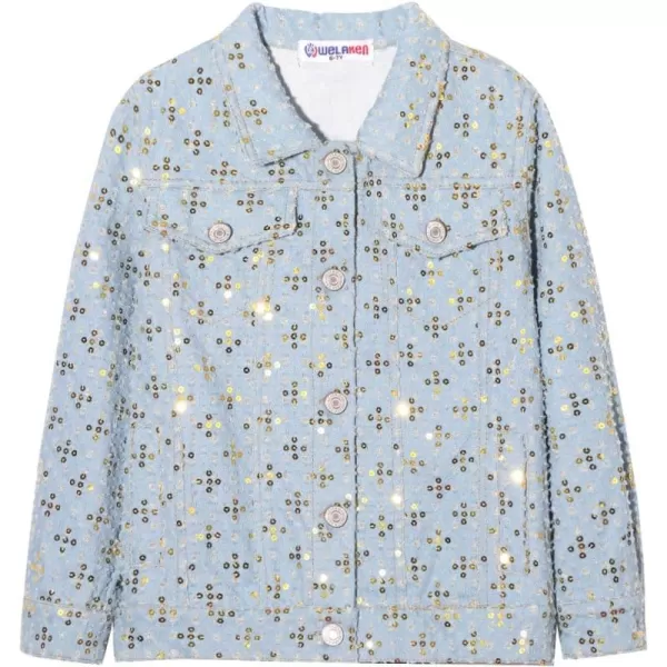 WELAKEN Kids Girls Jean Jacket Casual Button Long Sleeve Sequin Denim Jacket CoatGold Sequin