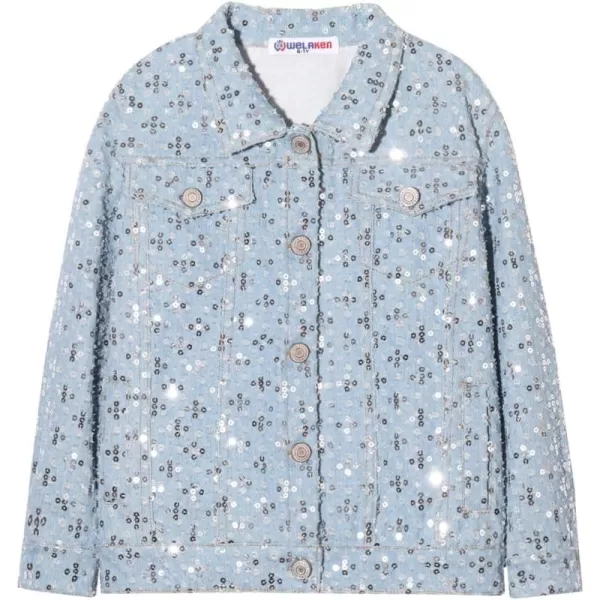 WELAKEN Kids Girls Jean Jacket Casual Button Long Sleeve Sequin Denim Jacket CoatSilver Sequin