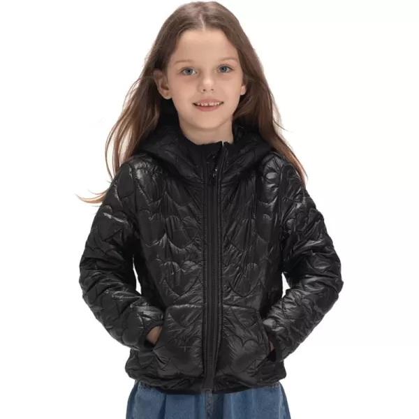WELAKEN Lightweight Heart Quilted Cotton Puffer Jacket for Girls ampamp Kids Zip Up Hooded Coat with Kangaroo PocketBlack heart