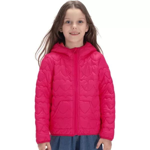 WELAKEN Lightweight Heart Quilted Cotton Puffer Jacket for Girls ampamp Kids Zip Up Hooded Coat with Kangaroo PocketHot Pink
