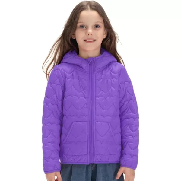 WELAKEN Lightweight Heart Quilted Cotton Puffer Jacket for Girls ampamp Kids Zip Up Hooded Coat with Kangaroo PocketPurple