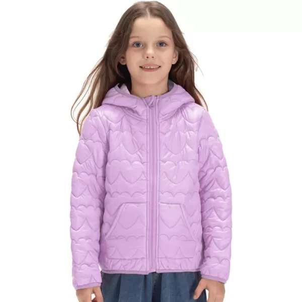 WELAKEN Lightweight Heart Quilted Cotton Puffer Jacket for Girls ampamp Kids Zip Up Hooded Coat with Kangaroo PocketPurple heart