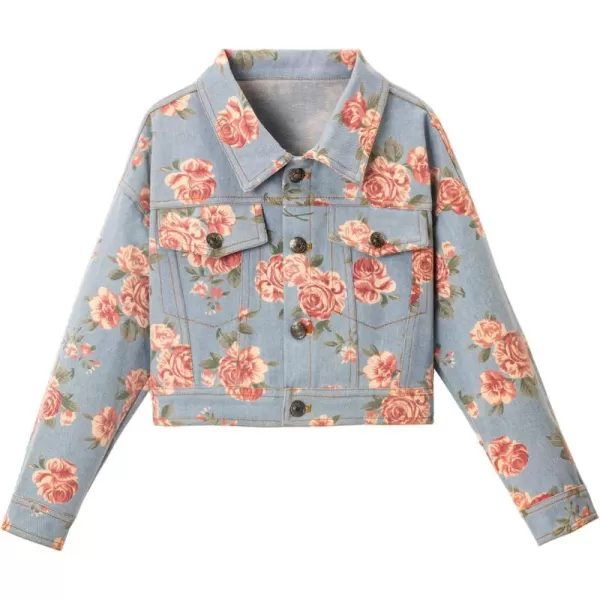 WELAKEN Print Denim Jacket for Girls ampamp Kids II Little Girls Button Down Crop Jean Jacket CoatBlue floral