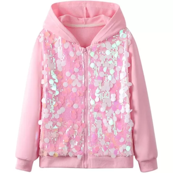 WELAKEN Sequin Hooded Jacket for Girls Kids Full Zip Casual Outerwear JacketPink