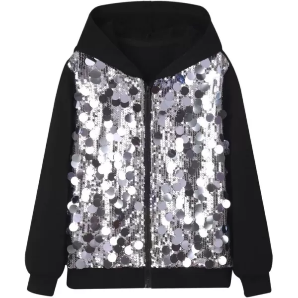 WELAKEN Sequin Hooded Jacket for Girls Kids Full Zip Casual Outerwear JacketSilver