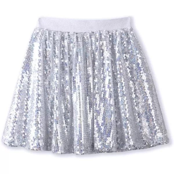 WELAKEN Sequin Skirt for Girls Kids Elastic Waist ALine Sparlky Mini Skirt with LiningSilver iridescent