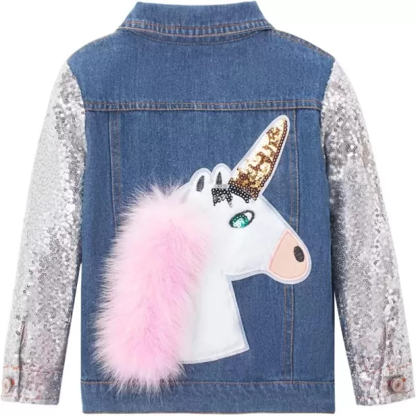 WELAKEN Unicorn Jean Jacket for Girls Kids ampamp Toddler with Sparkly Sleeve Girls Spring Outfit Denim Jackets OuterwearAblue