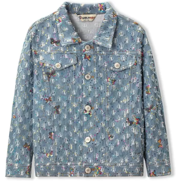 WELAKEN Unicorn Jean Jacket for Girls Kids ampamp Toddler with Sparkly Sleeve Girls Spring Outfit Denim Jackets OuterwearBlue butterfly