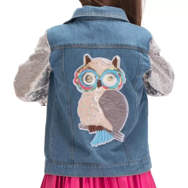 WELAKEN Unicorn Jean Jacket for Girls Kids ampamp Toddler with Sparkly Sleeve Girls Spring Outfit Denim Jackets OuterwearBlue owl