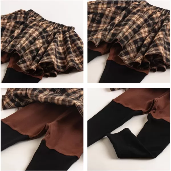 Girls Leggings with Skirt ColorBlocked Stretch Plaid Skirted PantsBrown black