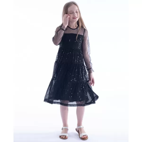Girls Sequin Dress with Mesh Long Sleeves Sparkling Graduation Party Tulle DressBlack