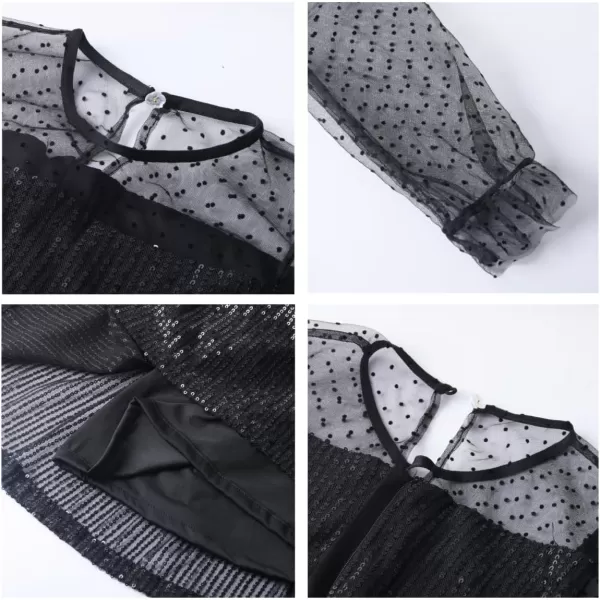 Girls Sequin Dress with Mesh Long Sleeves Sparkling Graduation Party Tulle DressBlack