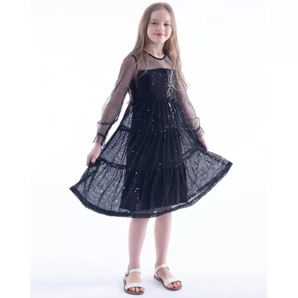 Girls Sequin Dress with Mesh Long Sleeves Sparkling Graduation Party Tulle DressBlack