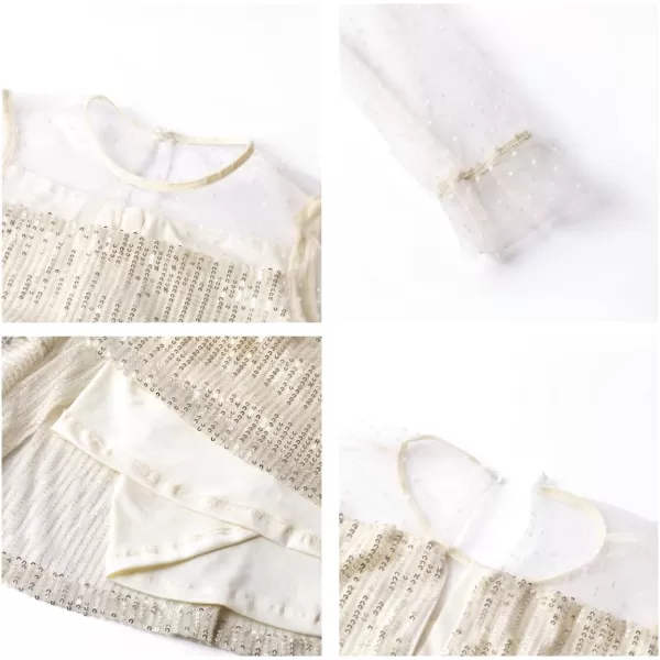 Girls Sequin Dress with Mesh Long Sleeves Sparkling Graduation Party Tulle DressChampagne