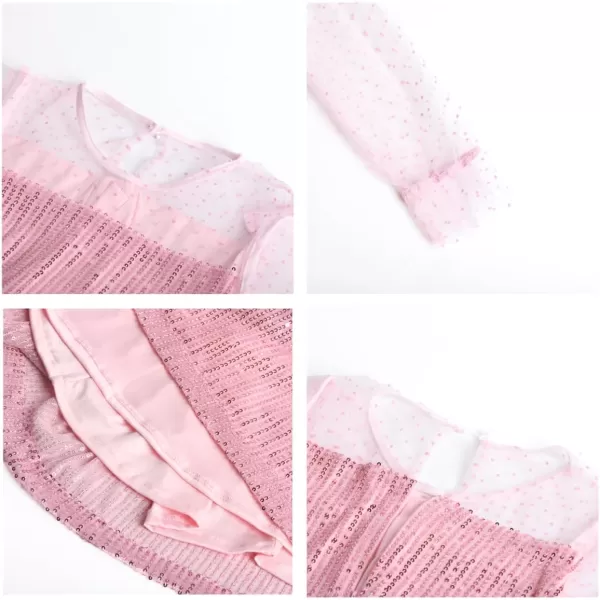 Girls Sequin Dress with Mesh Long Sleeves Sparkling Graduation Party Tulle DressPink