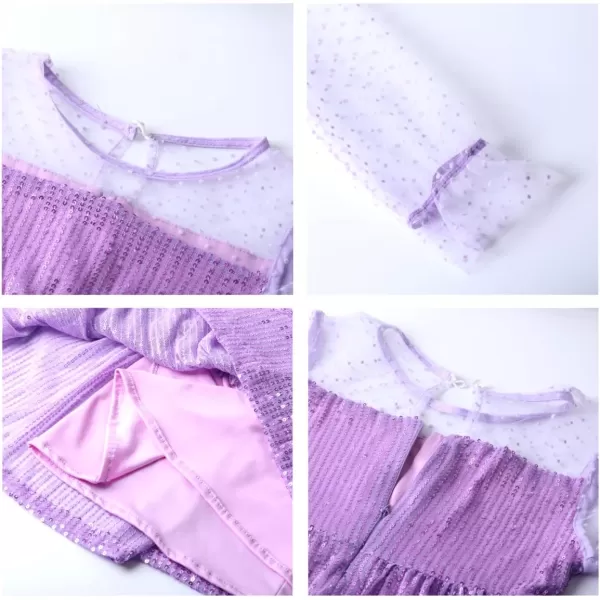 Girls Sequin Dress with Mesh Long Sleeves Sparkling Graduation Party Tulle DressPurple