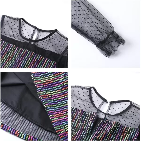 Girls Sequin Dress with Mesh Long Sleeves Sparkling Graduation Party Tulle DressRainbow