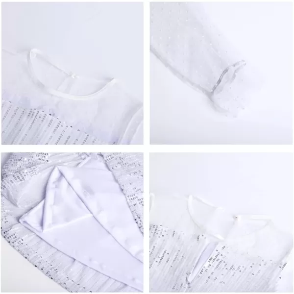 Girls Sequin Dress with Mesh Long Sleeves Sparkling Graduation Party Tulle DressSilver