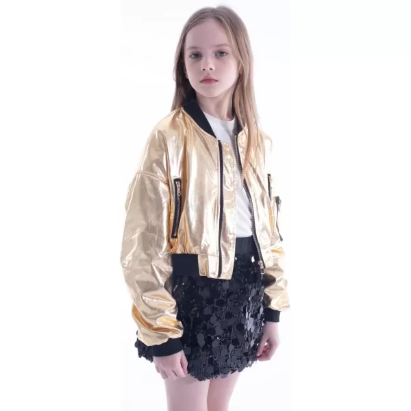WELAKEN Lightweight Multiple Pockets Zip Up Bomber Jacket for Girls Toddler ampamp Kids II Little Girls Casual Flight Crop JacketFlight gold