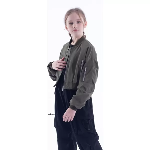 WELAKEN Lightweight Multiple Pockets Zip Up Bomber Jacket for Girls Toddler ampamp Kids II Little Girls Casual Flight Crop JacketFlight olive Green