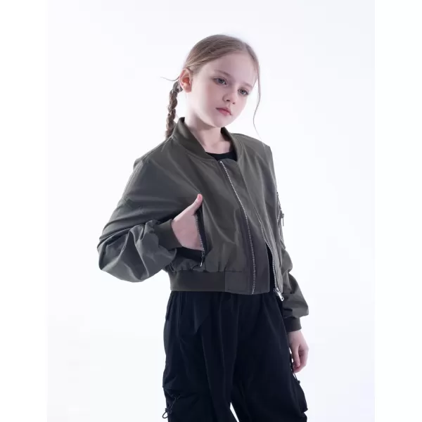 WELAKEN Lightweight Multiple Pockets Zip Up Bomber Jacket for Girls Toddler ampamp Kids II Little Girls Casual Flight Crop JacketFlight olive Green