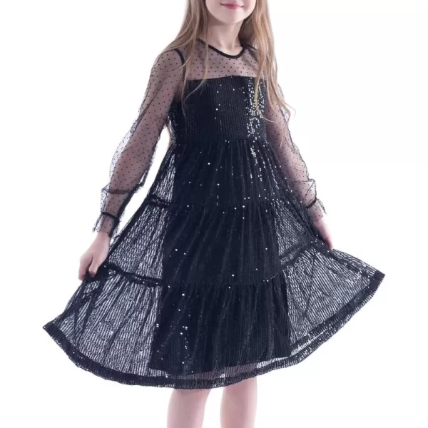 Girls Sequin Dress with Mesh Long Sleeves Sparkling Graduation Party Tulle DressBlack